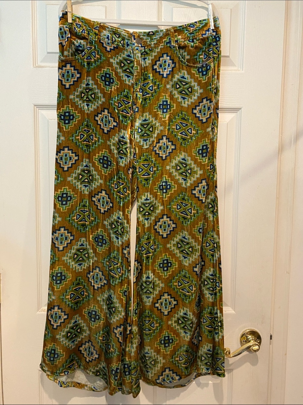 Free People Wide Leg Patterned Velvet Pants in Mustard & Green